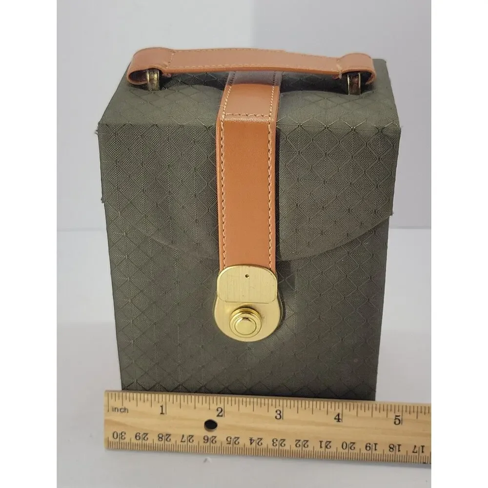 Vintage Travel Jewelry Case Organizer Green & Tan Folding Portable Storage Box